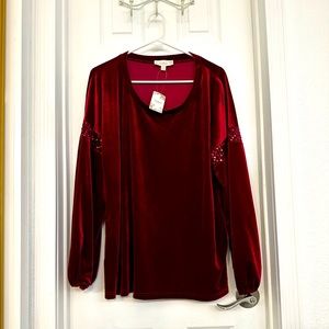 NWT Suzanne Betro XL red velvet long sleeve blouse with sequin detail on sleeves